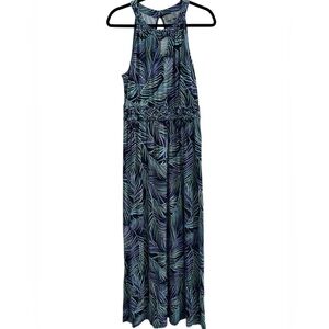 Berkley Jensen Braided Blue Palm Print Halter Maxi Dress Sz Large